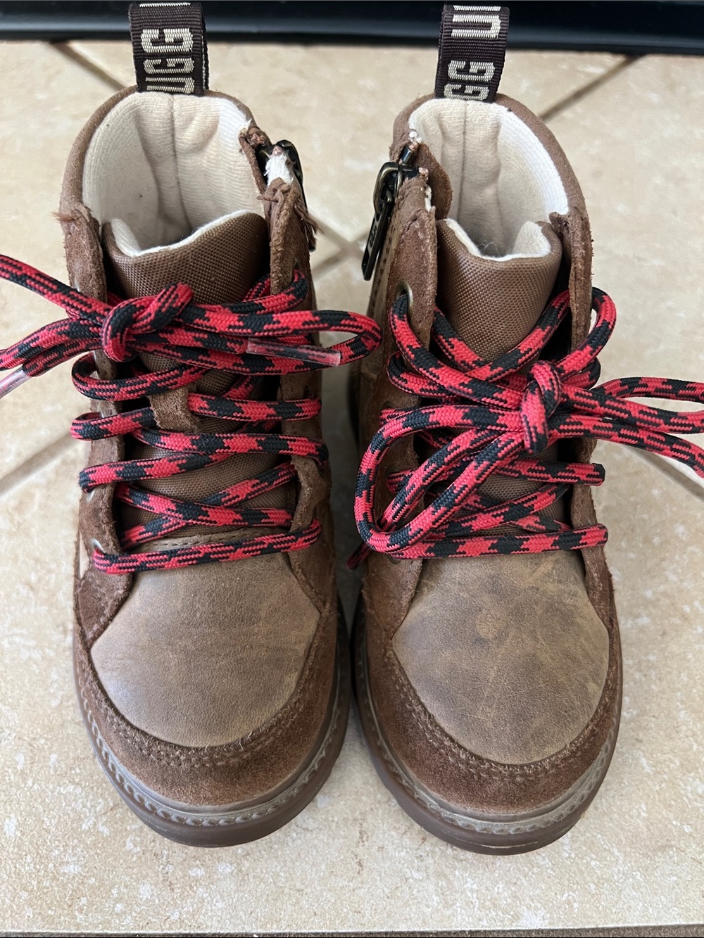 UGG Brown Kids High-Top Boots with Red & Black Laces